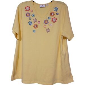 Quacker Factory Womens Beaded Embroidered Floral Blouse Yellow XL